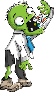 Un zombie qui avale une poignée de pilules.